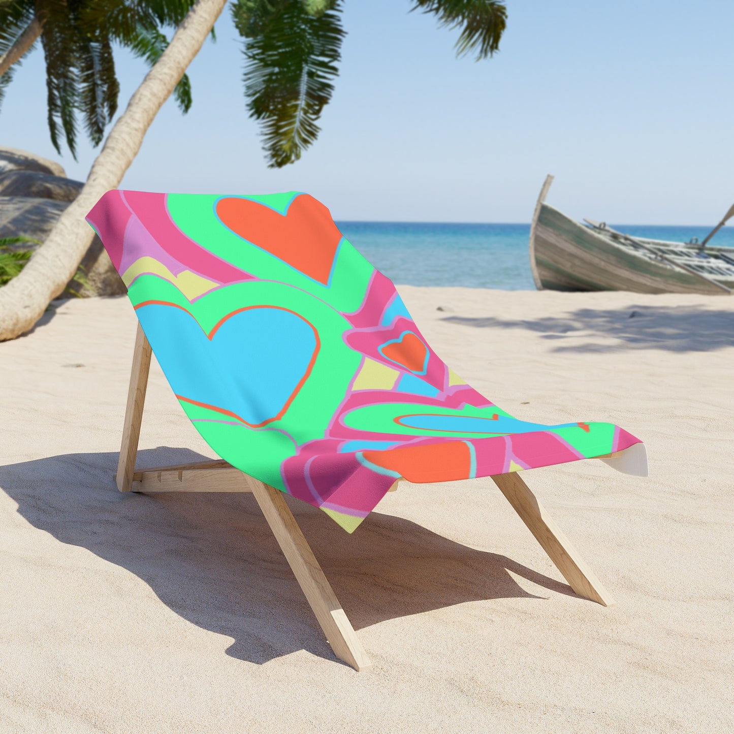 Blue Colorful Hearts Beach Towel