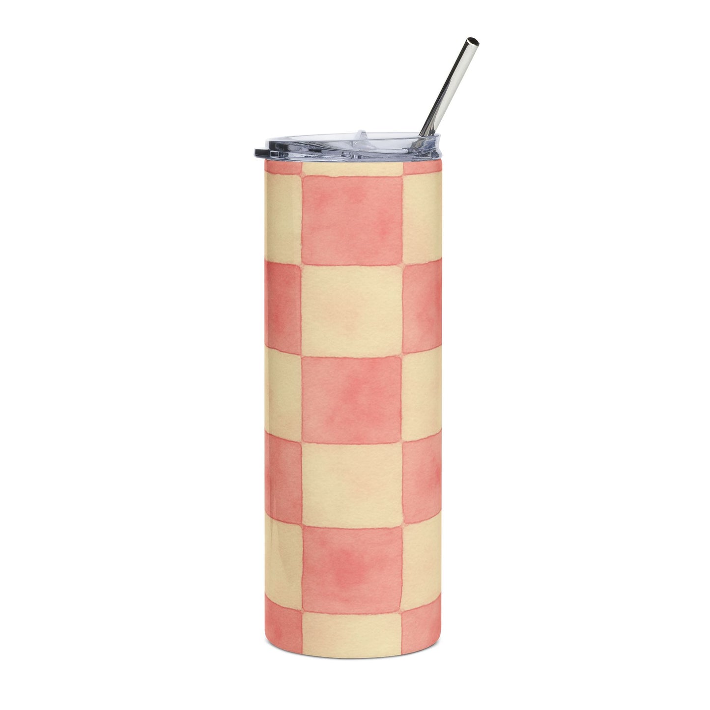 Pink Checkered Stainless Steel Tumbler