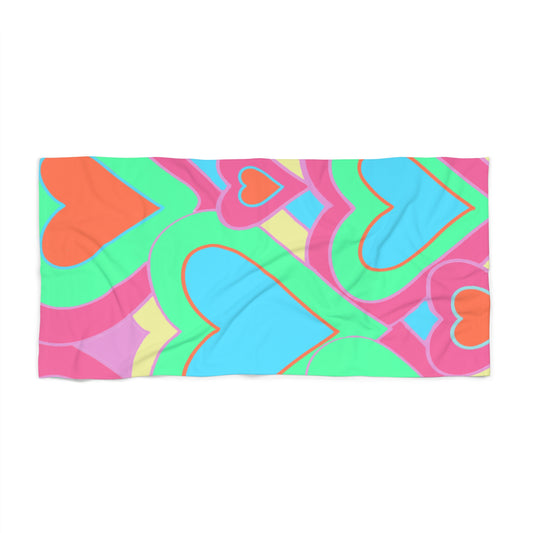 Blue Colorful Hearts Beach Towel